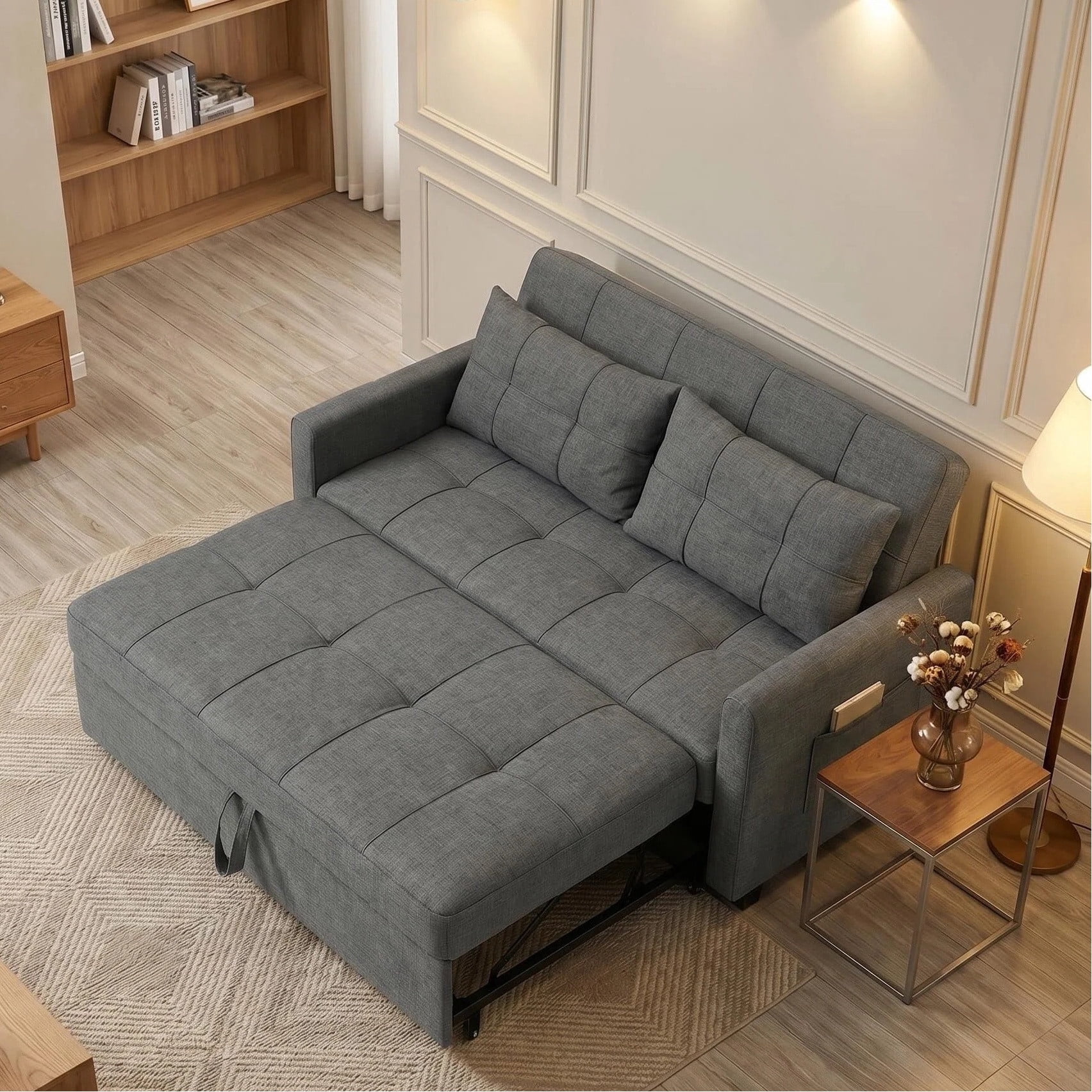 Lofka Futon Sofa Bed, 3 in 1 Convertible Recliner Sleeper with Adjustable Backrest, Pull Out Couch for Apartment Studio House, Linen Fabric, Dark Gray