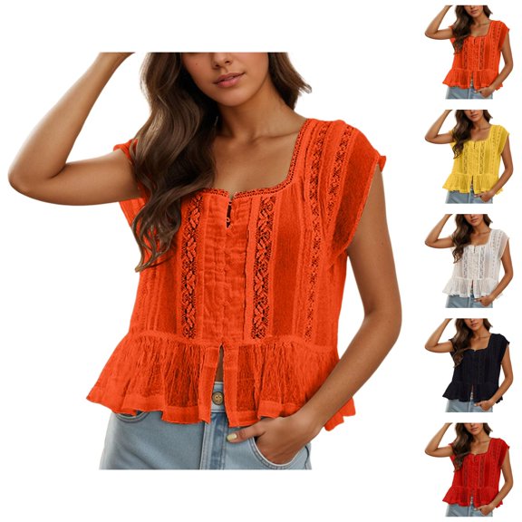 Cute T Shirts for Women Summer Casual Short Sleeve Lightweight Square Neck Lace Top