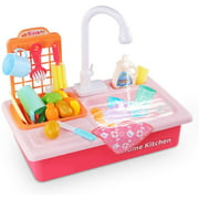 HTCM Kitchen Sink Toy Pretend Food - Wash Up Kitchen Sets with Running Water for Kids Playhouse Accessories Indoor Outdoor Playset for Boys Girls Toddler