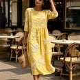 thumbnail image 6 of Ayolanni 3/4 Sleeve Fall Dresses Crew Neck Floral A-Line Maxi Dress Boho Flowy Holiday Pleated Long Dress Yellow L, 6 of 7