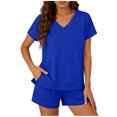 thumbnail image 2 of Bloomae Womens Two Piece Sets Summer V Neck Basic Solid Color Athletic Workout Short Sets Loose Casual Side Slit Short Sleeve Pullover Tops and Drawstring Elastic Waist Shorts with Pockets Blue L, 2 of 7