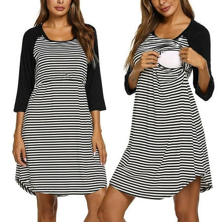 

Binmer Maternity Dress Plus Size 3/4 Sleeve Striped Nursing Breastfeeding Sleepwear Dress