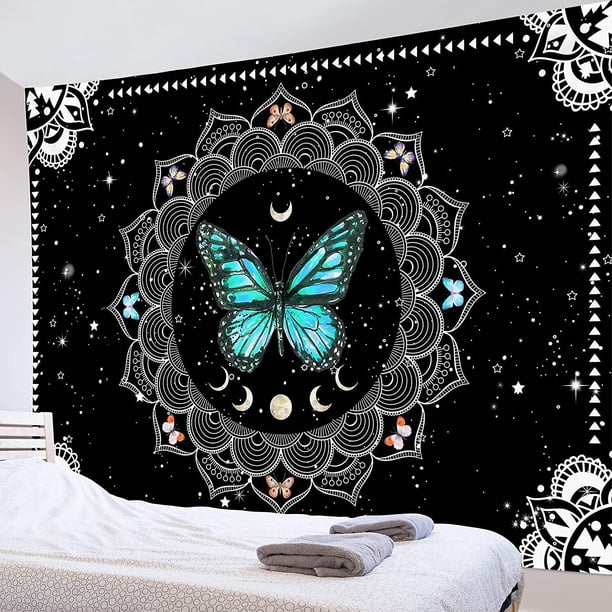 Liangnv Tapiz De Pared De Mariposa Tapices De Mariposas Trippy Verde Azulado Mandala Bohemio En Blanco Y Negro Colgante De Pared Tapiz Estético De Fase Lunar Vintage F
