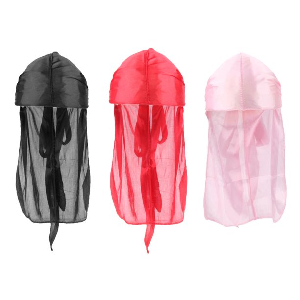 3 piezas de sombrero pirata de seda Durag para hombre y mujer, con cola larga, para la caída del cabello Negro + rojo + rosa