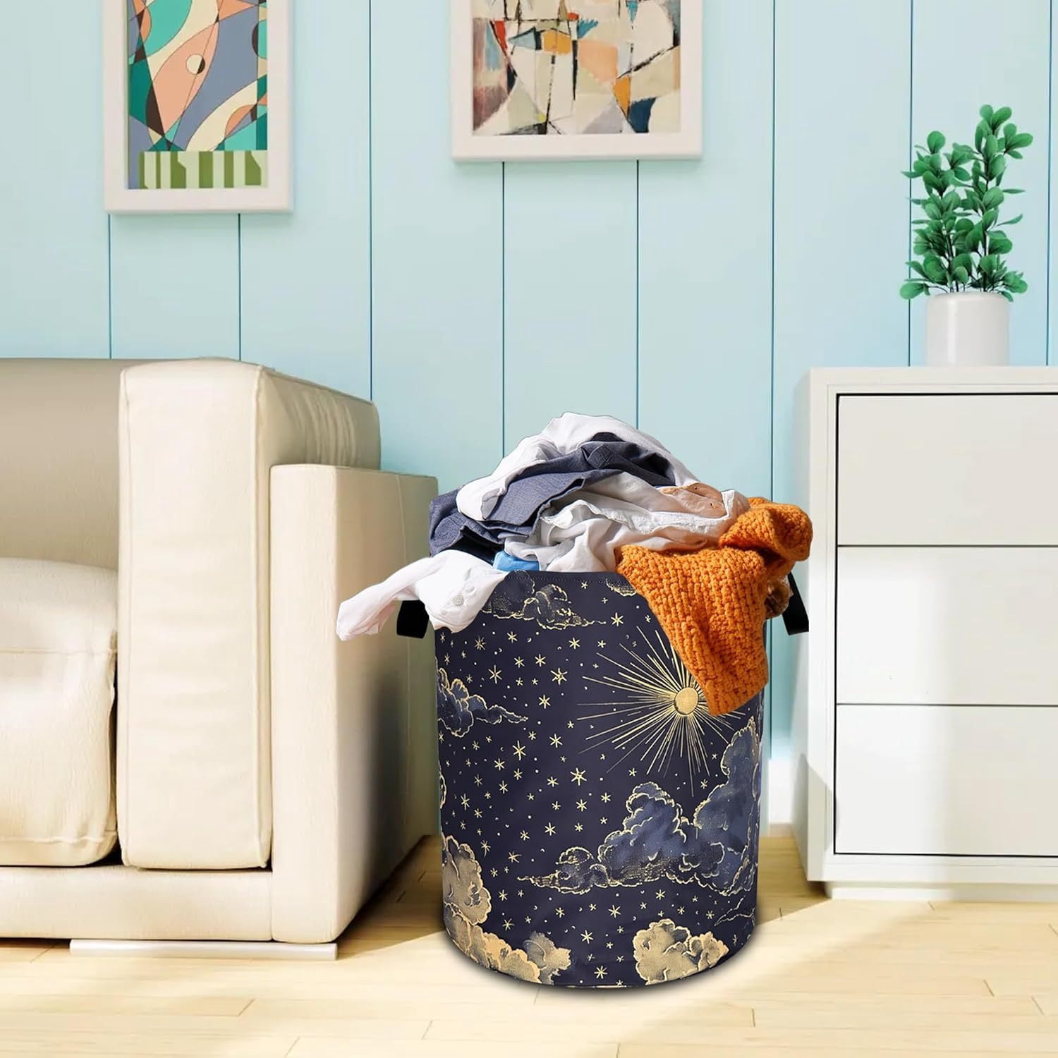 Celestial Sun Moon Nebula Laundry Basket - Foldable Oxford Cloth Storage Basket with Strong Handle, 19.6x15.7 inches, Portable for Bathroom, Bedroom, Dormitory, Laundry Room Decoration Storage Basket