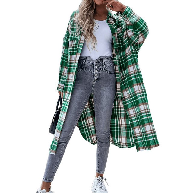 Women's Long Plaid Button Down Cardigan Shacket Jacket Long Sleeve Casual Fall Outwear