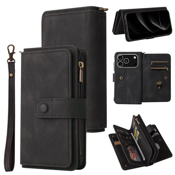Wallet Case For iPhone 17 Pro Max, Magnetic Zipper Pouch Premium PU Leather with Kickstand [RFID Blocking] Wallet Flip Shockproof Phone Case Wrist Strap Card Slots Holder Pocket ,
Black