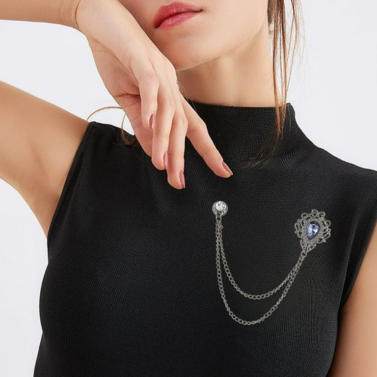 Fashion Shirt Suit Antique Gem Crystal Collar Clip Chain