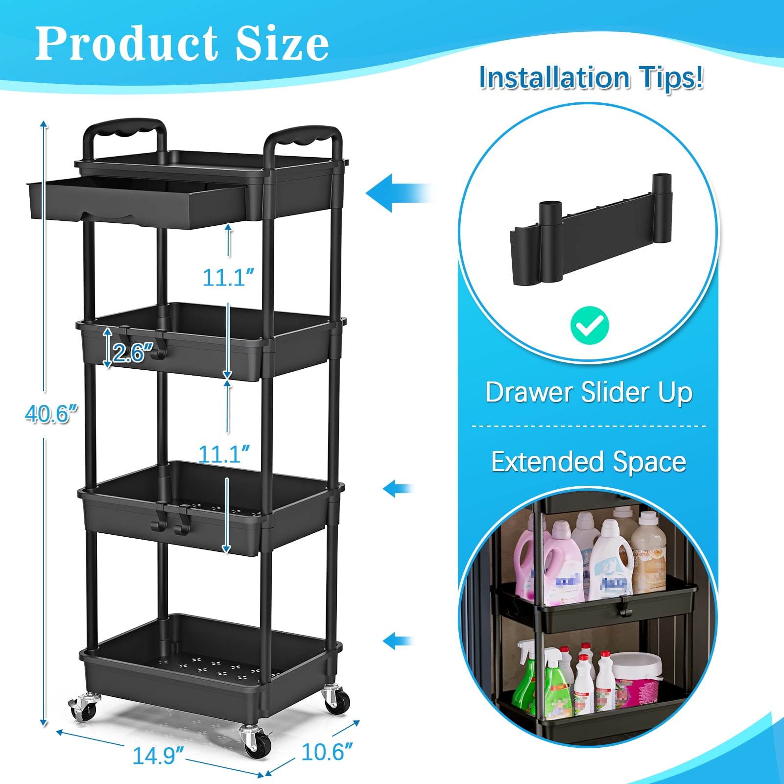 4 Tier Rolling Utility Cart with Removable Drawer, Bathroom Storage Organizer with 2 Lockable Wheels, Mobile Shelving Unit for Kitchen, Office, Snack, Craft, Makeup, Baby Essentials, Black