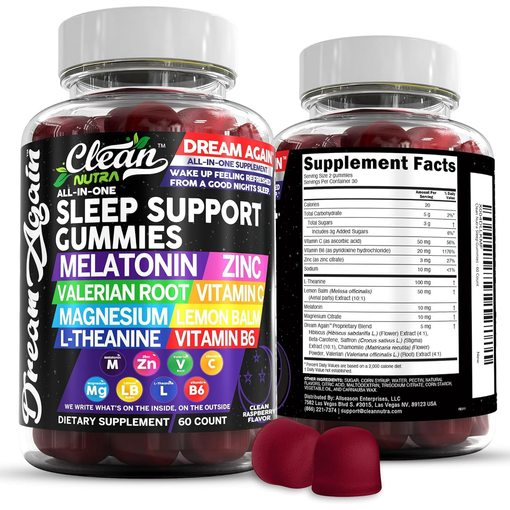 Sleep Aid Melatonin Gummies | Valerian Root L-Theanine Vitamin B6 C Lemon Balm Magnesium Hibiscus Beta Carotene Saffron & Chamomile Rest Support Supplement Raspberry Flavor Dream Again by Clean Nutra