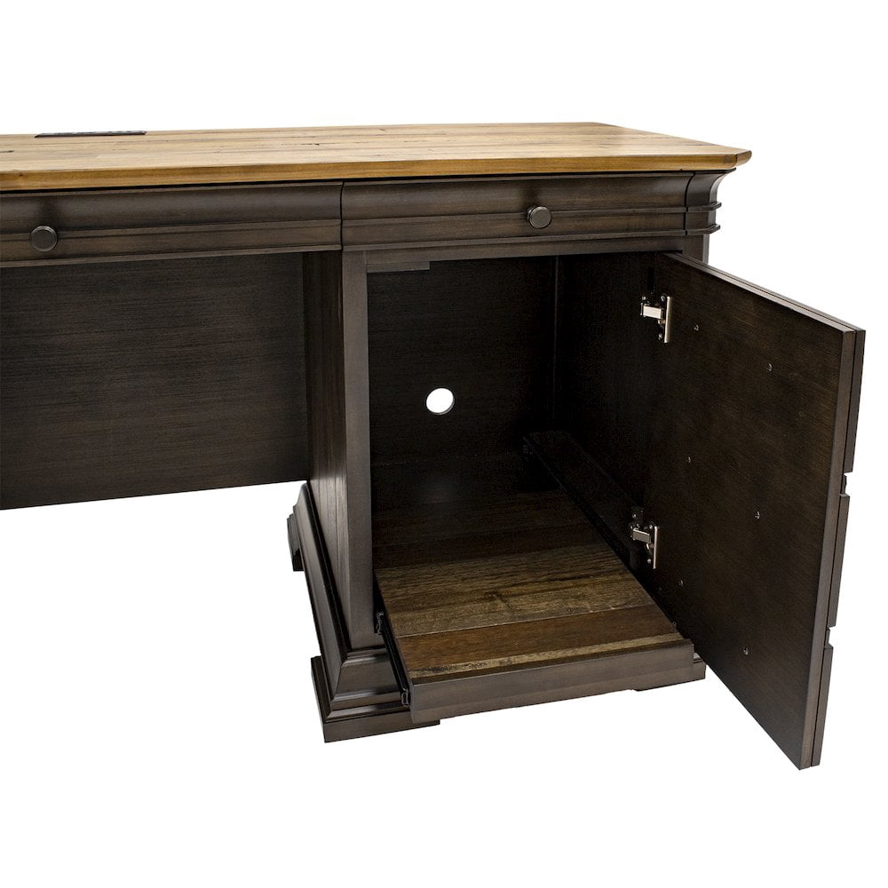 Executive Credenza Desk Writing Table With Solid Wood Plank Top Brown