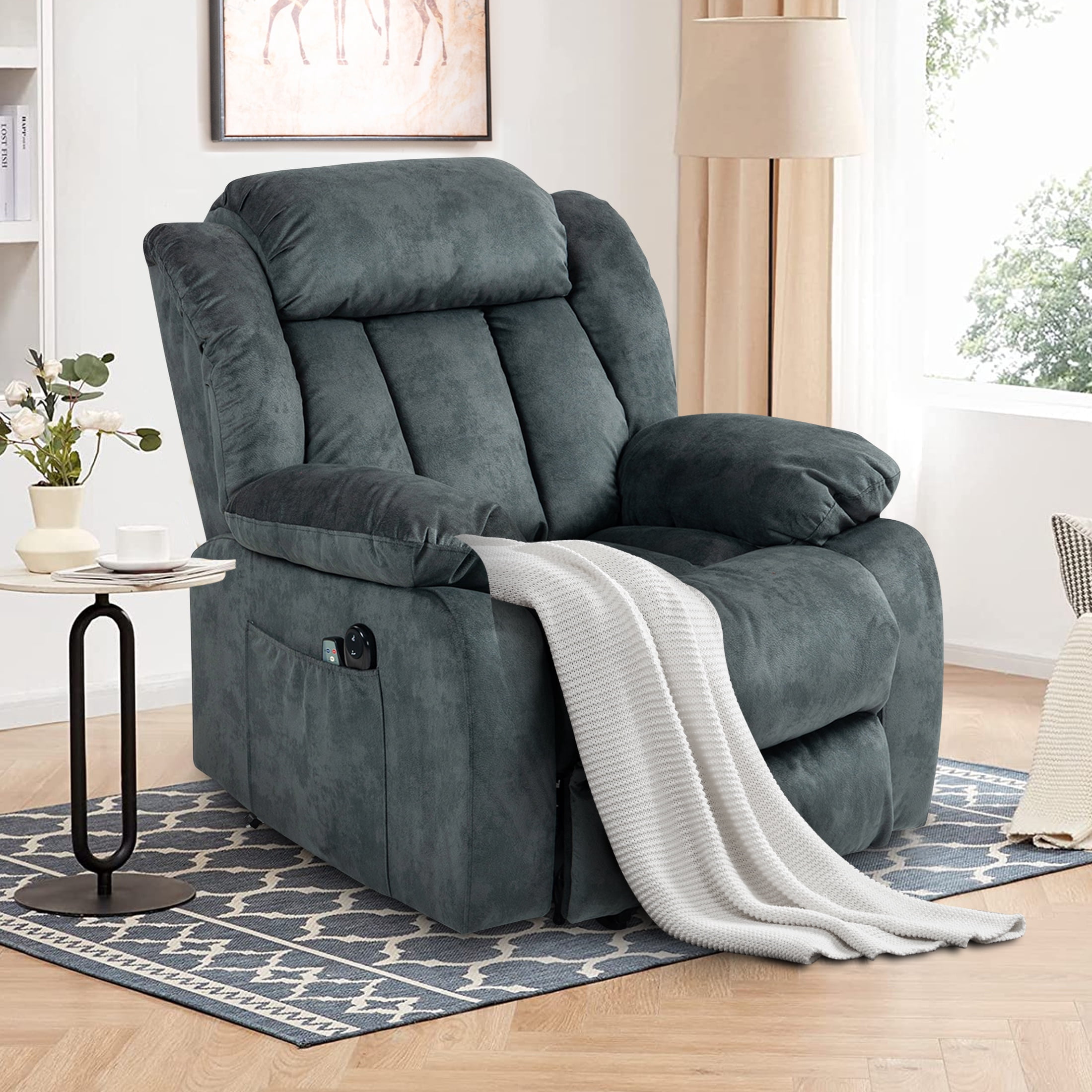 Power Lift Recliner Chair with Massage and Heat Therapy, Heavy Duty Electric Recliner for Elderly with Side Pockets, for Living Room, Bedroom, Home Theater, Grayish Blue