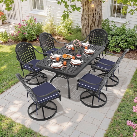 Hzzkey Outdoor Dining Table Set for 6, 66.93" L Rectangular Table with Umbrella Hole & 6 Swivel Cushioned Chairs, Blue & Black