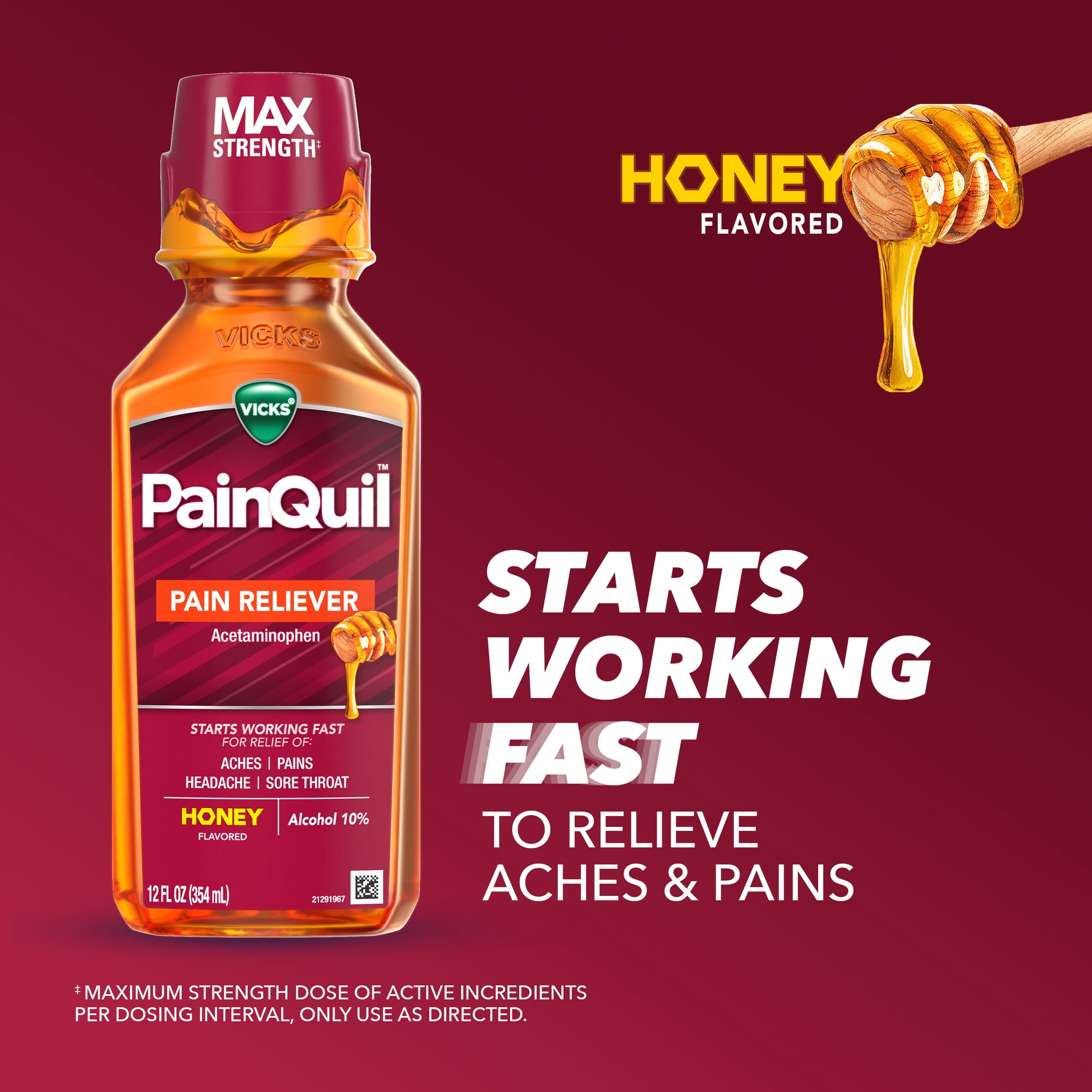 Vicks PainQuil Liquid Pain Relief, Acetaminophen 1000mg, Honey Flavored, 12 fl oz