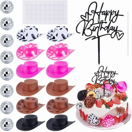 Colorful 92Pcs Cowgirl Pary Cake Decoration Mini Cowgirl Hat Decoration Mirror Cake Topper Disco Cake Decorations Disco Ball Cake Picks for Western Cowgirl Theme Party Favors Supplies