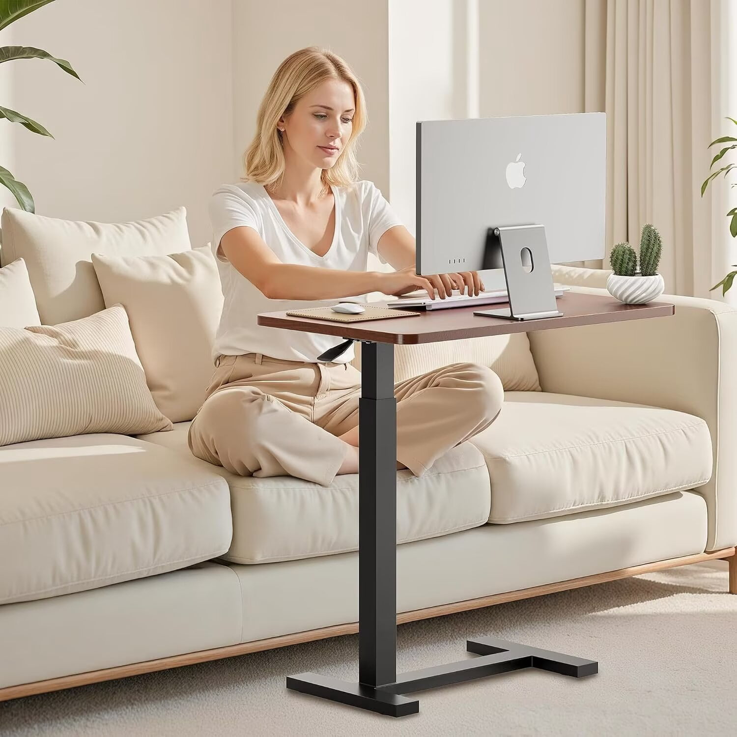 Simple Deluxe Adjustable Overbed Bedside Table with Wheels, Rolling Laptop Table, Pneumatic Adjustable Hospital & Home Use Bed Table, Mobile Standing Desk, Brown