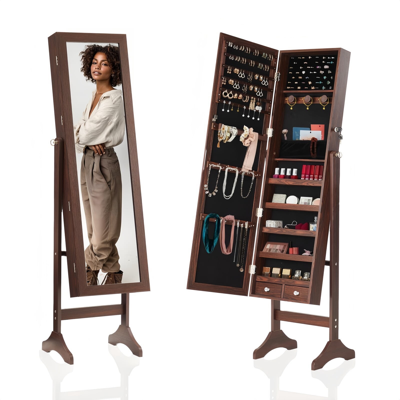 Kelno 60" Freestanding Jewelry Armoire with HD Mirror Adjustable Angles Jewelry Organizer Cabinet, Rust
