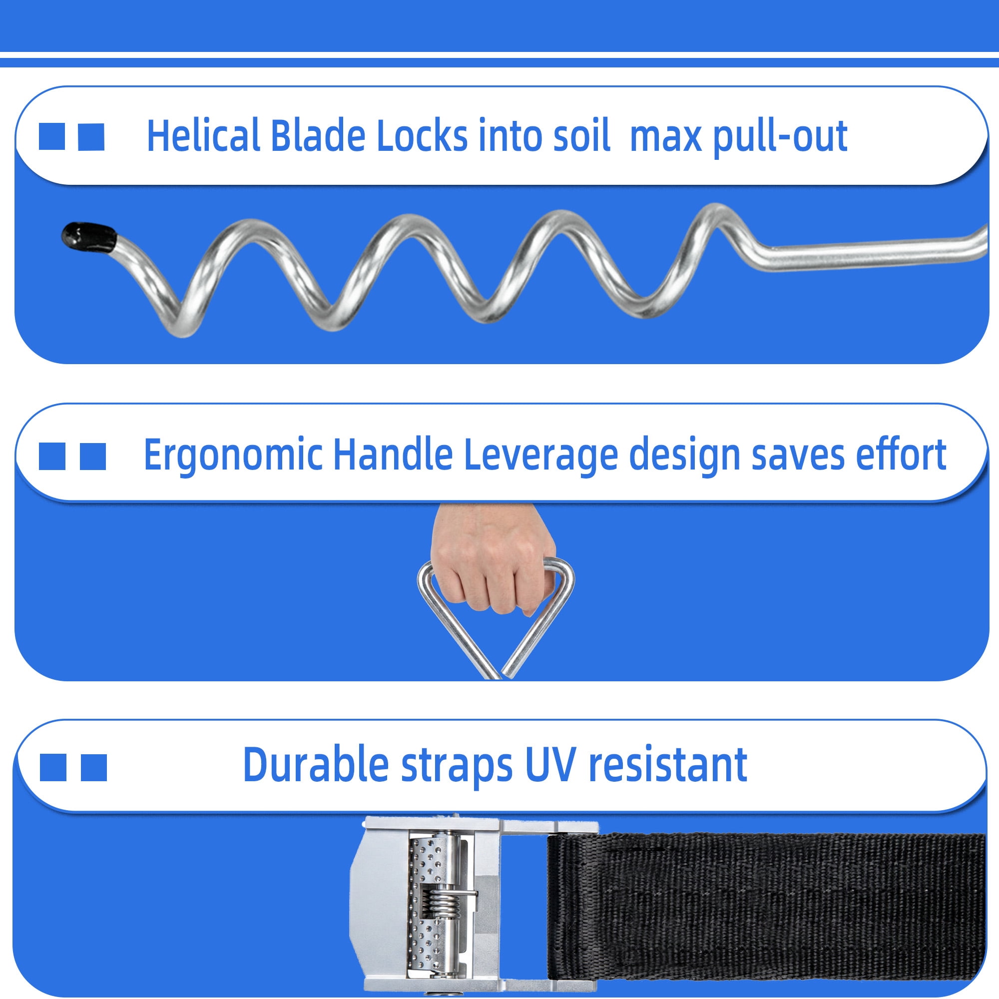 4 Pack Windproof Trampoline Stakes Anchor Kit-Steel Corkscrew Anchor, Heavy Duty Tie Down Kit with Reinforced Safety Straps, Secure Weatherproof Protection for Trampoline, Tent&Playset