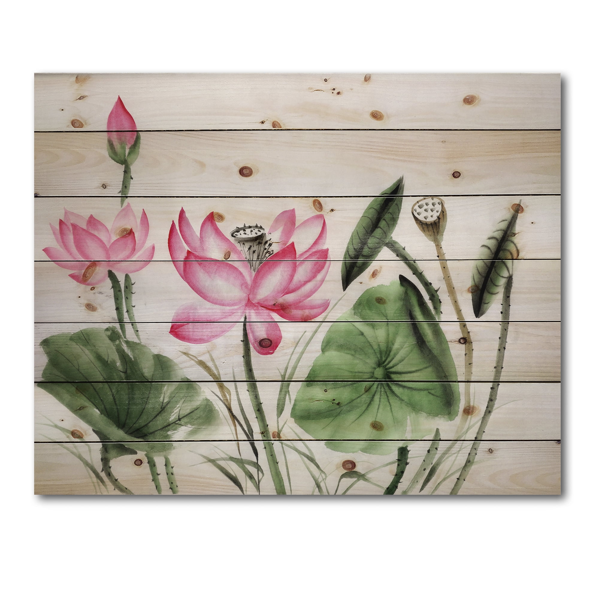 Designart 'Ancient Pink Lotuses In The Pond II' Traditional Print on Natural Pine Wood