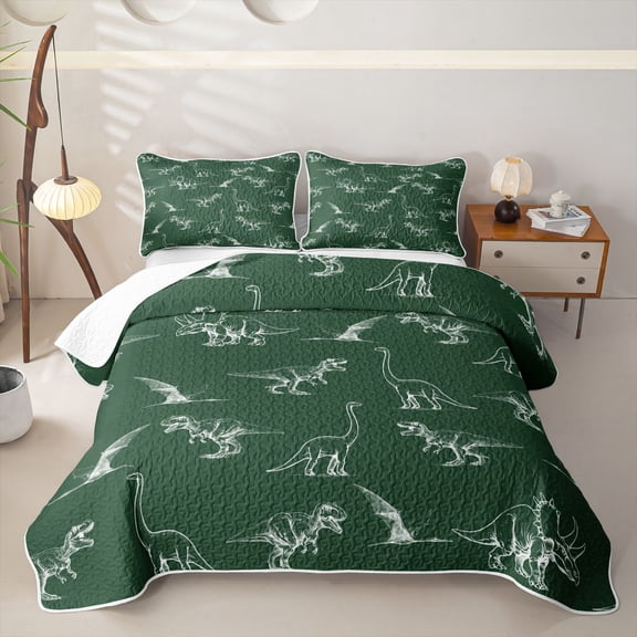 Feelyou Deep Green Dinosaur Twin Quilt Set for Boys Men, Retro Line Wildlife Art Twin Coverlet Set, Green, 2-Piece