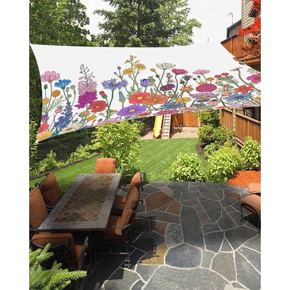 Colorful Flower Waterproof Sun Shade Sail Floral Farmhouse Country Garden Outdoor Patio Sun Shades Canopy UV Block Waterproof Sunshade for Garden Backyard Deck Pergola 12x16 Ft