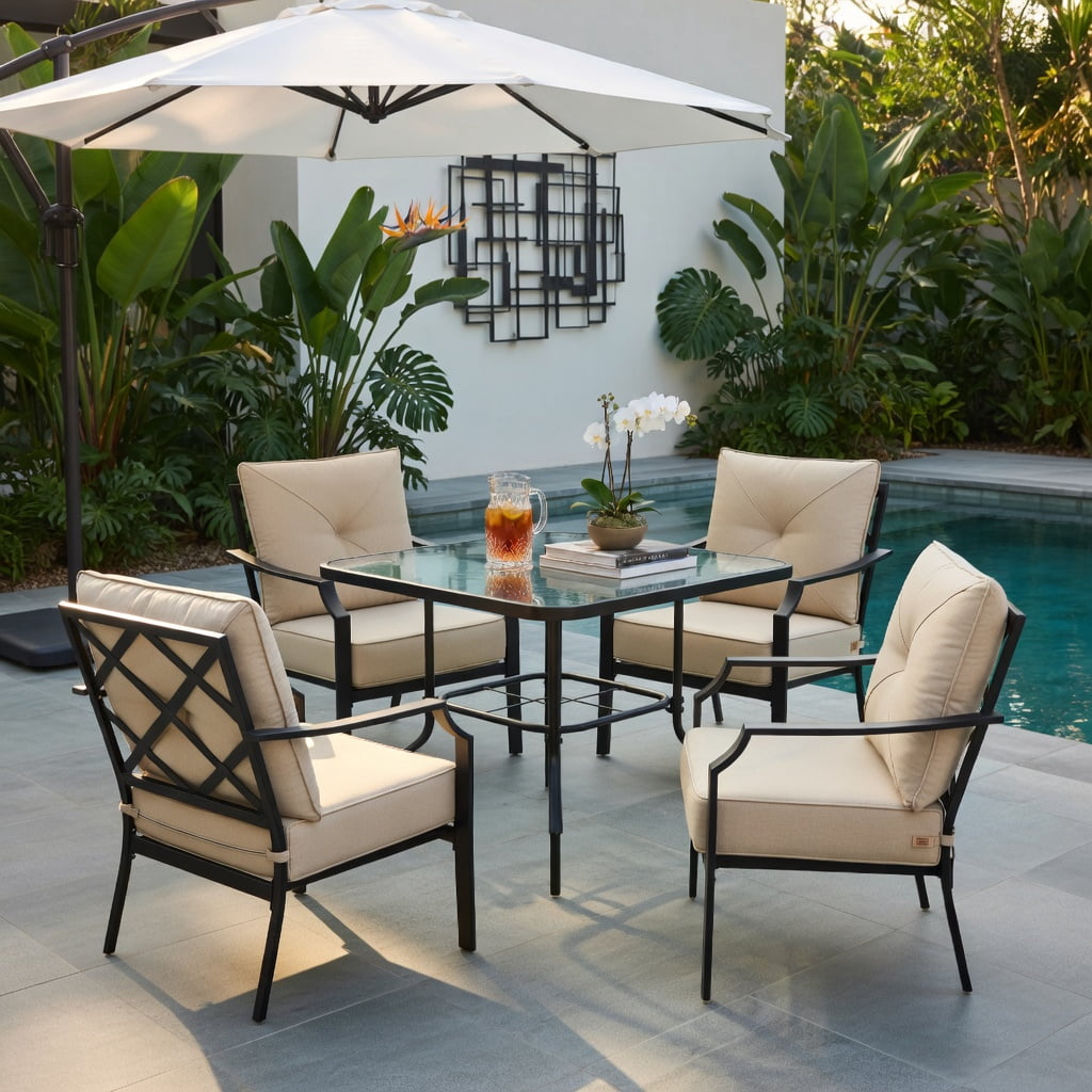 Hommoo 2-Piece Outdoor Dining Chairs Set with Padded Cushions, Black Steel Frame, Rust-Resistant Patio Chairs for Backyard, Garden & Balcony, Beige