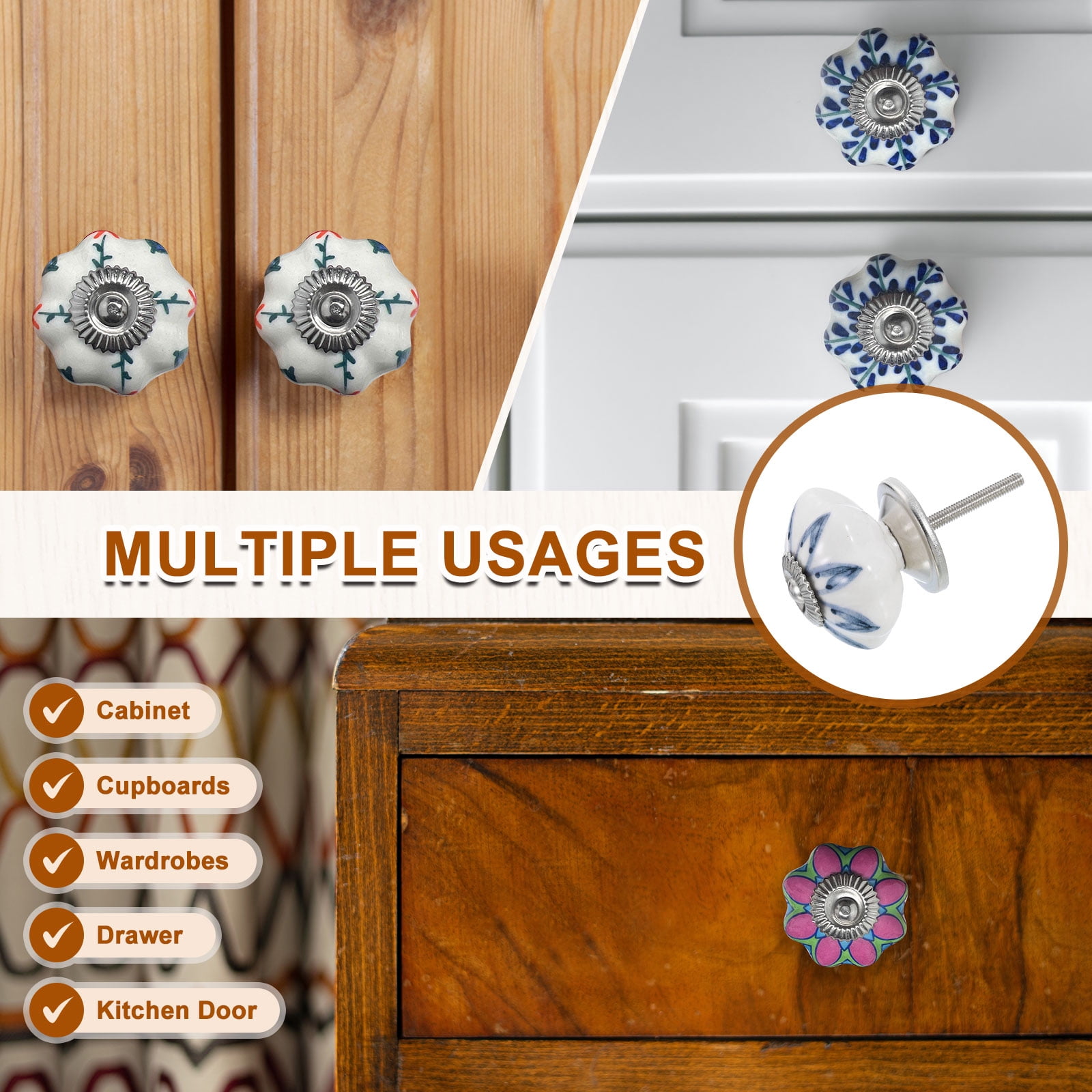 Uxcell 6 Pack Floral Ceramic Pull Knobs, Vintage Round Cabinet Knobs, Willow Leaf Blue Ceramic Knobs for Kitchen Cabinet