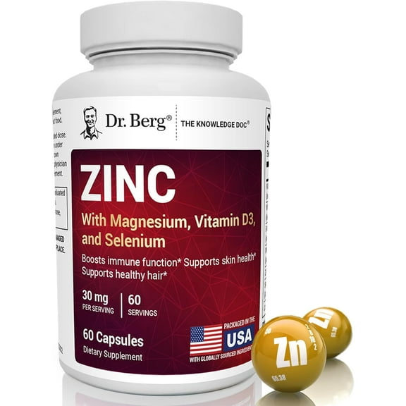 Dr. Berg Zinc 30 mg Capsules with Magnesium, Vitamin D3, Selenium, Copper & Folate - Immune Support, 60 Capsules