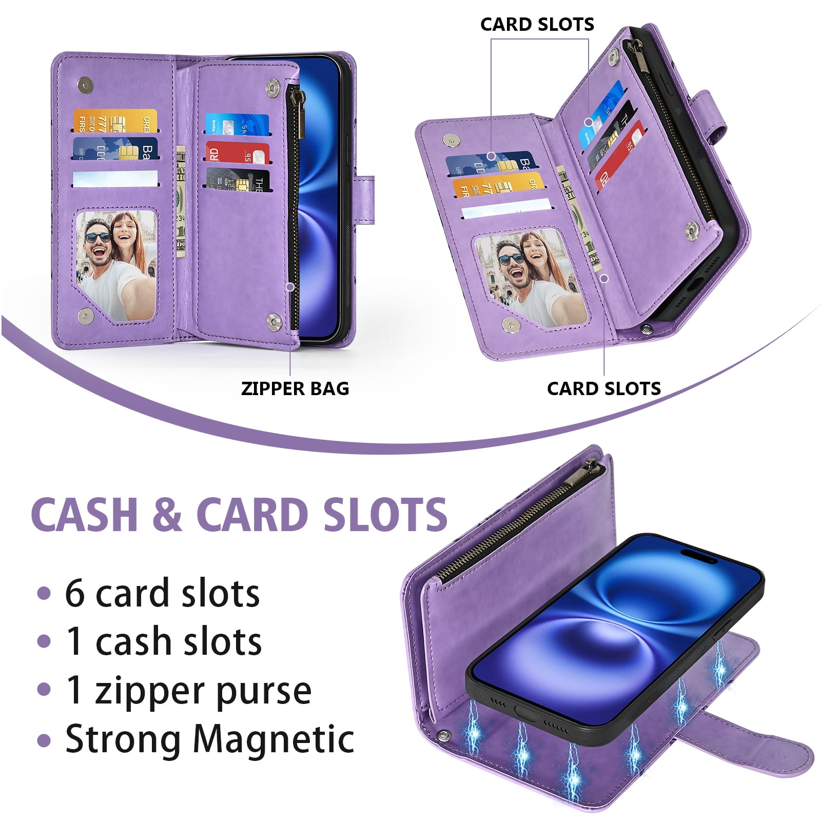 Asuwish Phone Case for iPhone 16 6.1 inch Zipper Wallet Magnetic Detachable Cell Cover with Tempered Glass Screen Protector Crossbody Strap Flower Card Holder Slot i Phone16 i16 16Case Women Purple