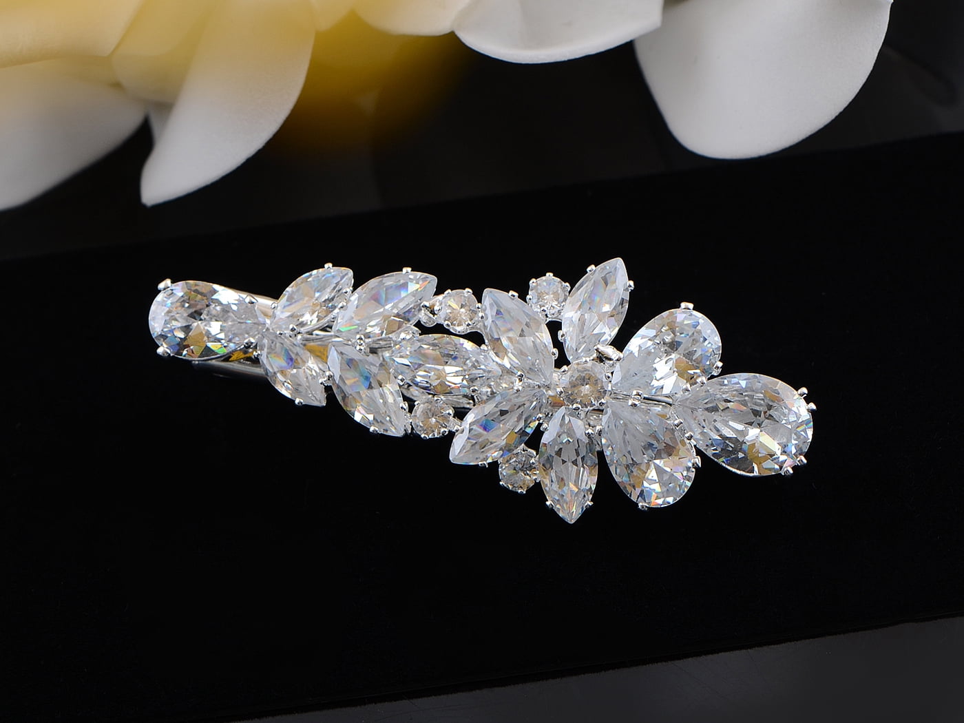 Silver Tone Zirconnia Czech Crystal Rhinestone Flower Bridal Hair Clip Pin