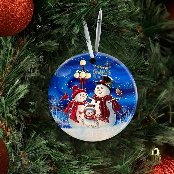 Ceramic Christmas Tree Ornaments, Christmas Snowman FamilyHanging Ornament With Ribbon, Christmas Gifts - Circle, 1 Pcs
