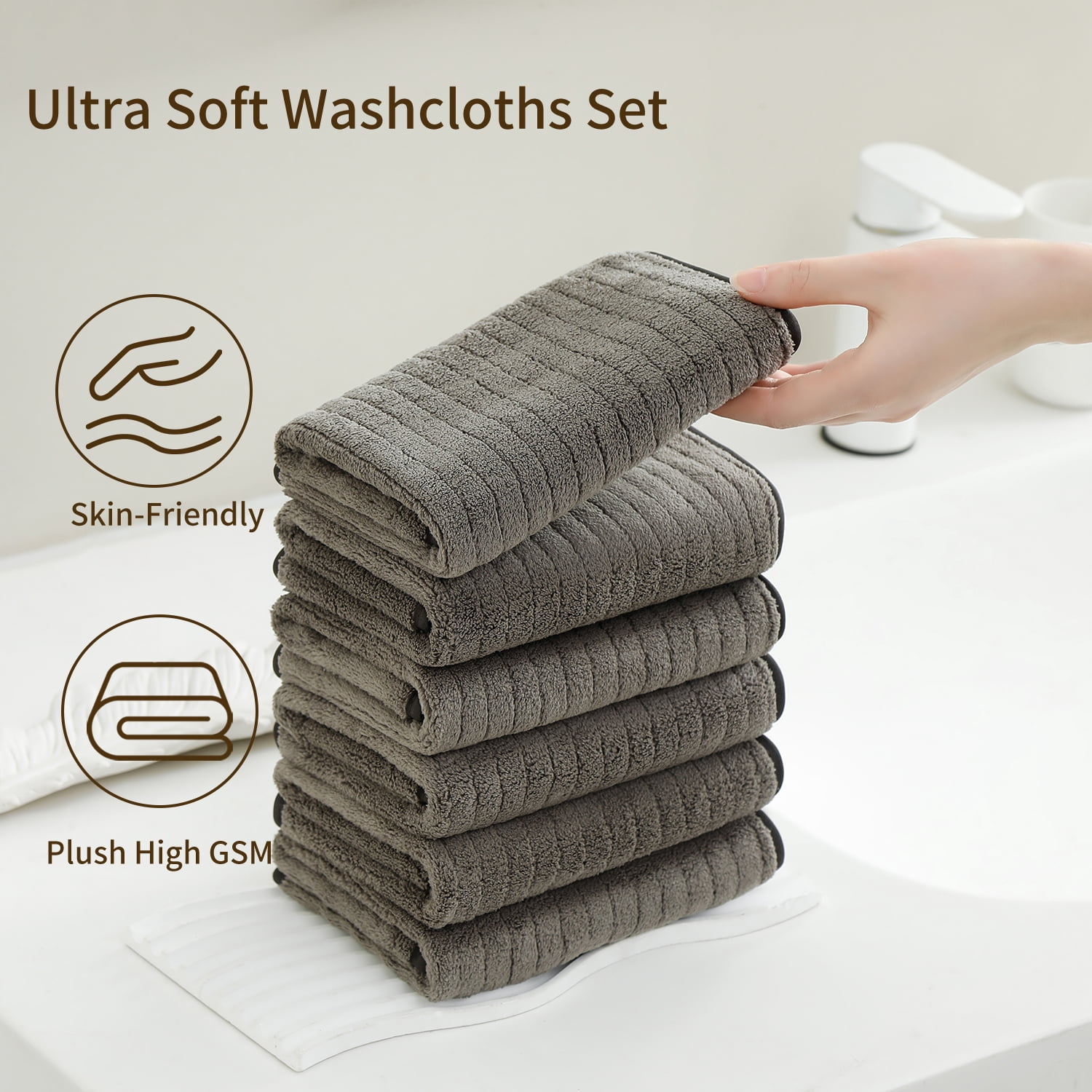 Jessy Home 6 Pack Brown Stripe Washcloths for Bathroom 13x13 Inch Ultra Soft Hand Face Towels