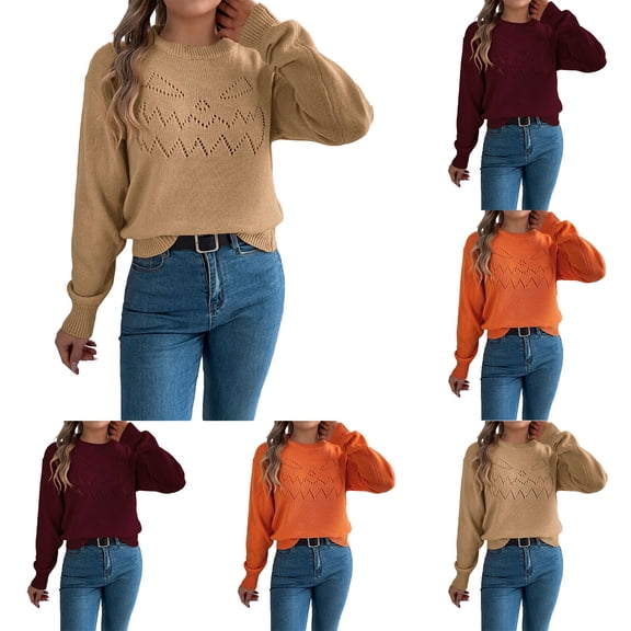 JUjie Halloween Sweater Plus Size Womens Striped Crew Neck Knit Pullover Sweaters Ruffled Long Sleeve Tops Z03 Khaki S