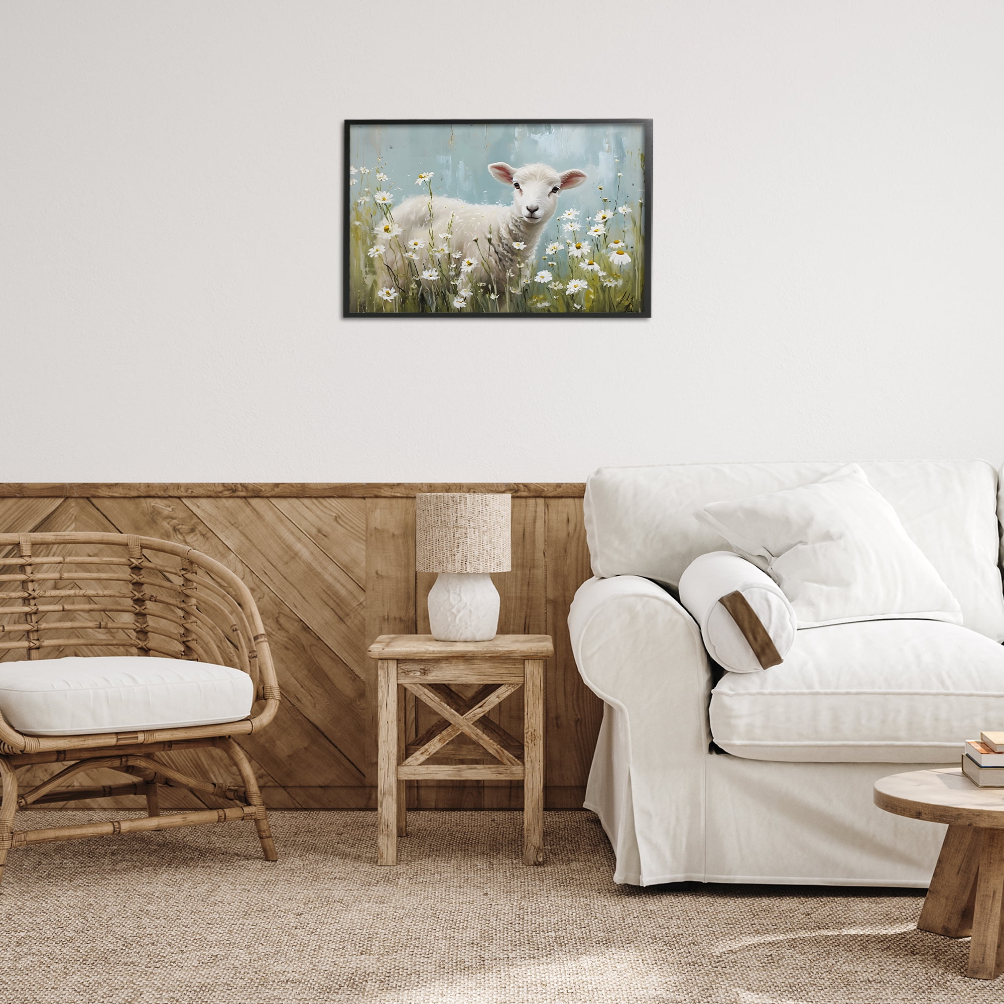 Stupell Industries Lamb Among Daisies Animals & Insects Painting Black Framed Art Print Wall Art, 24 x 16