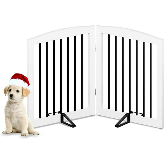 Pet Gate for Dogs, Foldable Wooden Dog Gate for House, Indoor Pet Barrier for Stairs, Doorways, Support Feet Included, 24" Height 2 Panels, White