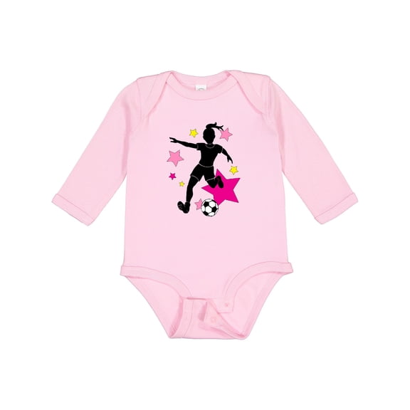 Inktastic Girl Playing Soccer- Pink and Yellow Stars Girls Long Sleeve Baby Bodysuit