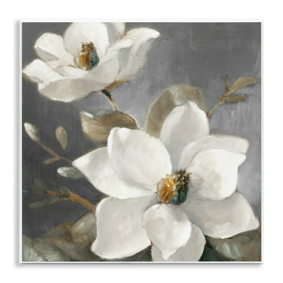 Stupell Industries Magnolias on Grey Botanical & Floral Painting Unframed Art Print Wall Art, 12 x 12