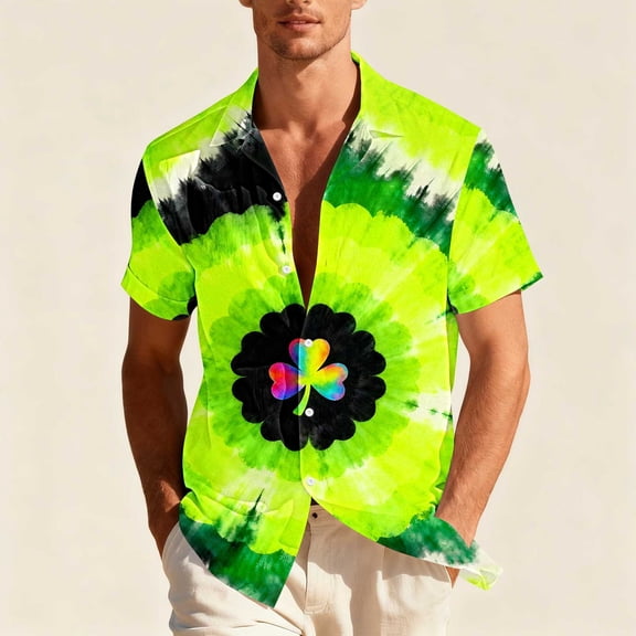 VgaVtl Short Sleeve Shirts for Men Plus Size St. Patrick's Day Collared Clothing for Men Vacation Green Tie-Dye Vintage Shirts