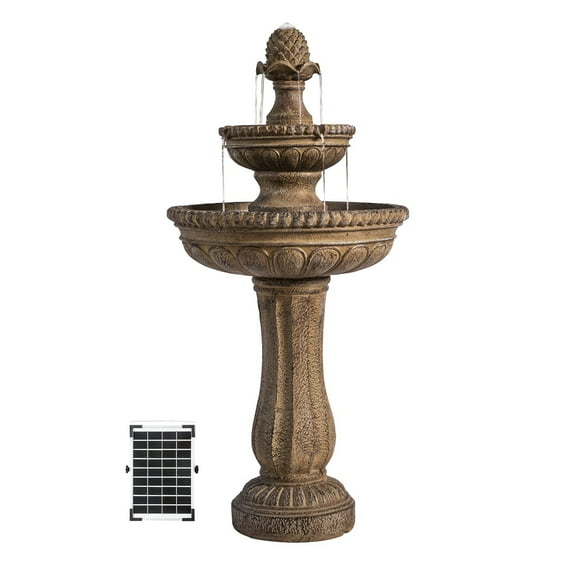 XBrand 39" 2-Tier Outdoor Freestanding Solar Water Fountain - Classic Design, Sand Stone Resin w/ Auto Shut-off Pump - Ideal for Yard, Lawn and Garden Décor