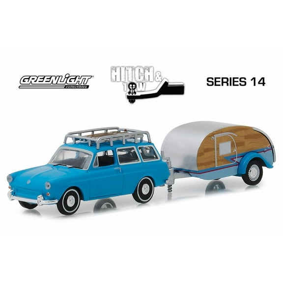 1961 Volkswagen Type 3 Squareback with Tear Drop Trailer, Blue - Greenlight 32140A/24 - 1/64 scale Diecast Model Toy Car