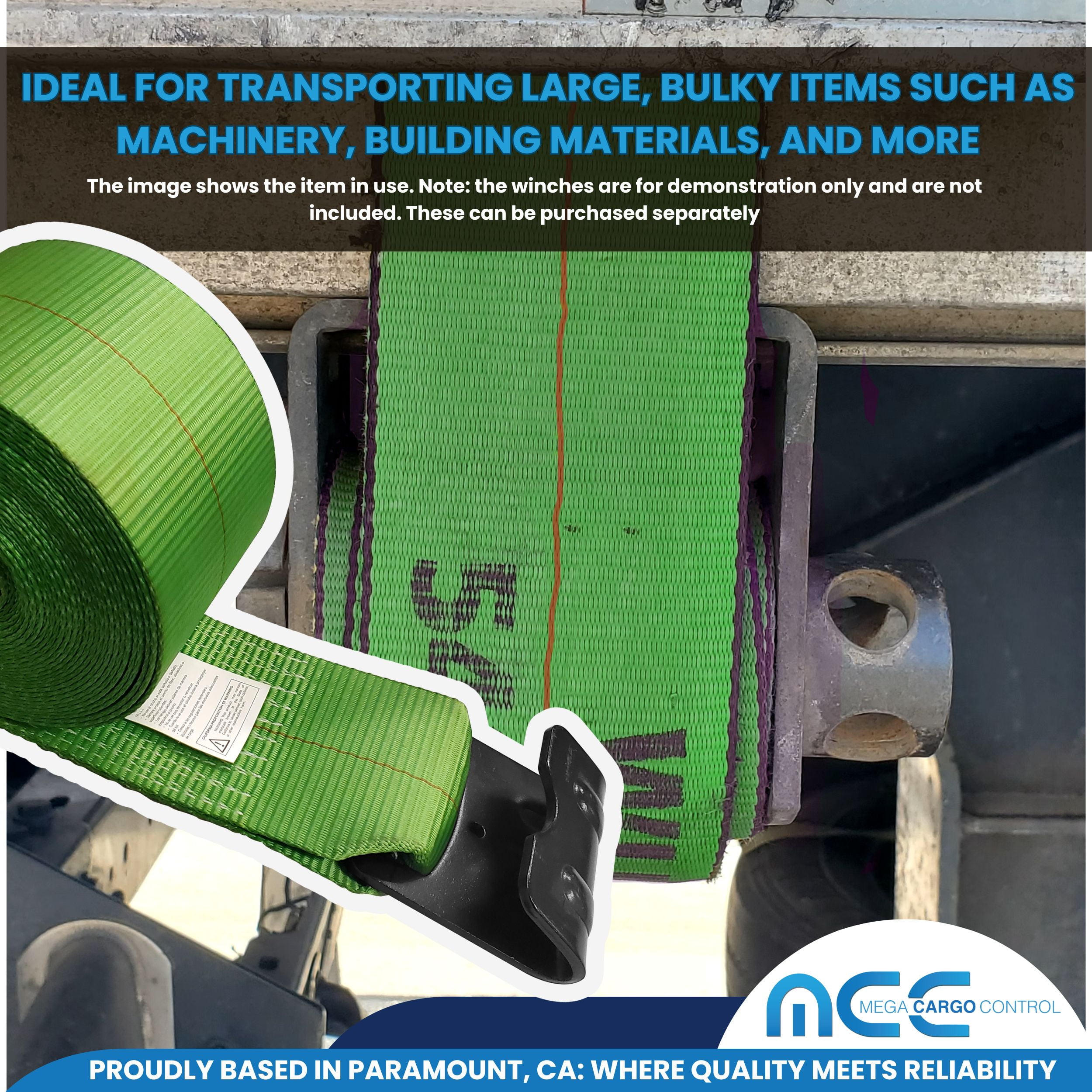 Mega Cargo Control Winch Tie Down Strap Heavy Duty Black Flat Hook 2-pack 4" x 40' Green