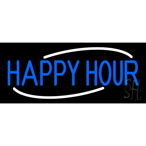 Blue Happy Hour LED Neon Sign 10 x 24 - inches, Clear Edge Cut Acrylic Backing, with Dimmer - Bright and Premium built indoor LED Neon Sign for Bar decor.