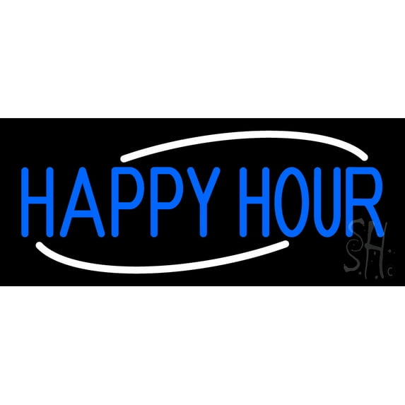 Blue Happy Hour LED Neon Sign 10 x 24 - inches, Clear Edge Cut Acrylic Backing, with Dimmer - Bright and Premium built indoor LED Neon Sign for Bar decor.