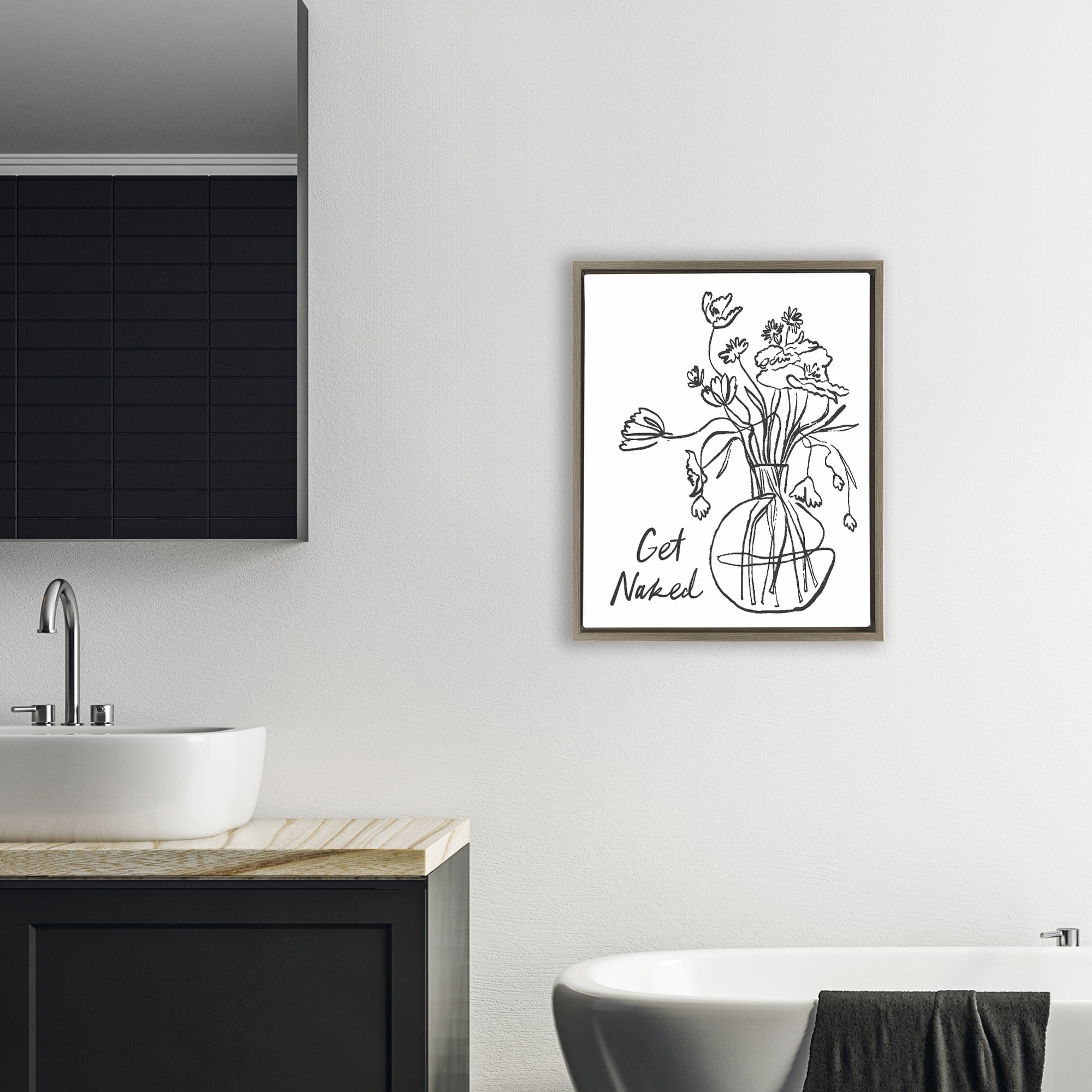 Stupell Industries Get Naked Flower Contour Brown Framed Floater Canvas Wall Art, design by Lettered and Lined