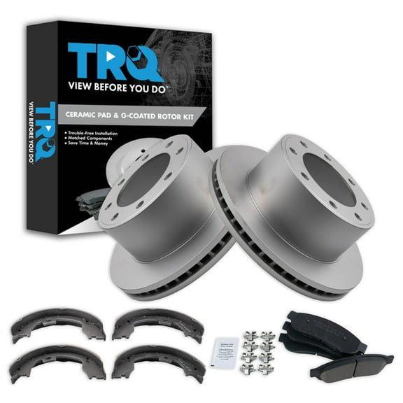 TRQ Rear Brake Pad & Rotor Kit Brake Pads Brake Rotor Parking Brake Shoe Set Ceramic Premium G-Coated Fits Select 2008-2010 Ford F-250 Super Duty 2005-2012 F-350 Super Duty