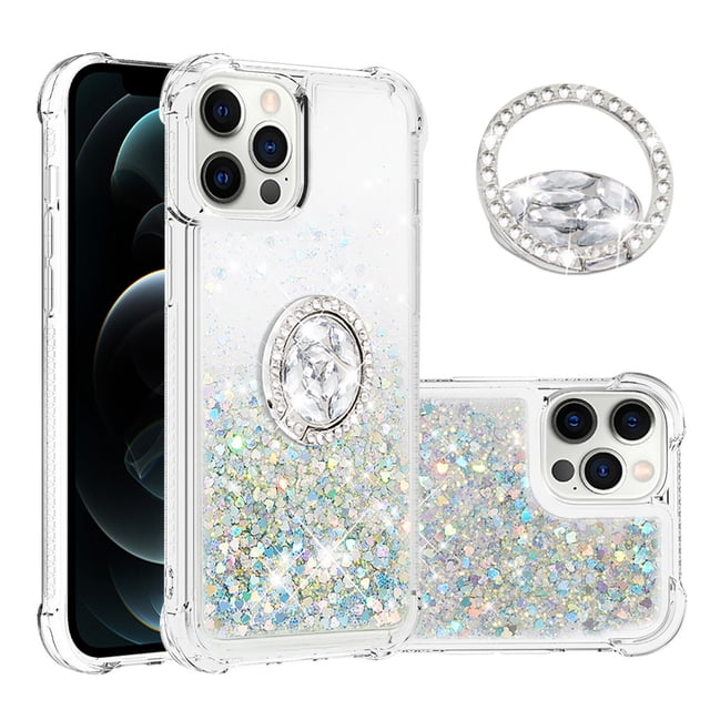 Funda para iPhone 12 PRO MAX con Brillo Líquido Flotante, Purpurina, Parachoques y Anillo Giratorio Soporte