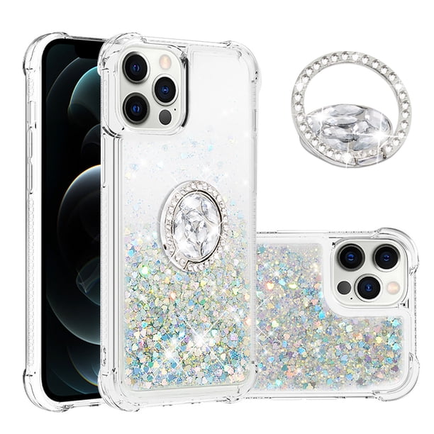 Funda para iPhone 12 PRO MAX con Brillo Líquido Flotante, Purpurina, Parachoques y Anillo Giratorio Soporte