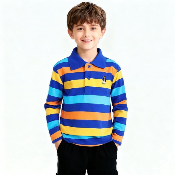 Blusa y camisa de manga larga con cuello vuelto para niños, blusa deportiva recreativa con estampado de rayas de verano para niños, blusa de manga larga con cuello vuelto para niños, parte superior de