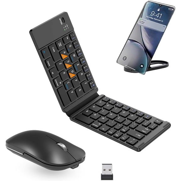EFFFERTWQL-Foldable Keyboard and Mouse, Folding Bluetooth Keyboard Mouse Combo, BT5.0/BT3.0/2.4G, USB-C Rechargeable Portable Combo for Travel and for Laptop iPads Tablets iOS Andorid- Black Upgrade