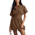 thumbnail image 1 of Vestido camisero Dsewpaur con botones en la parte delantera plisado a rayas marrones para mujer, 1 of 3